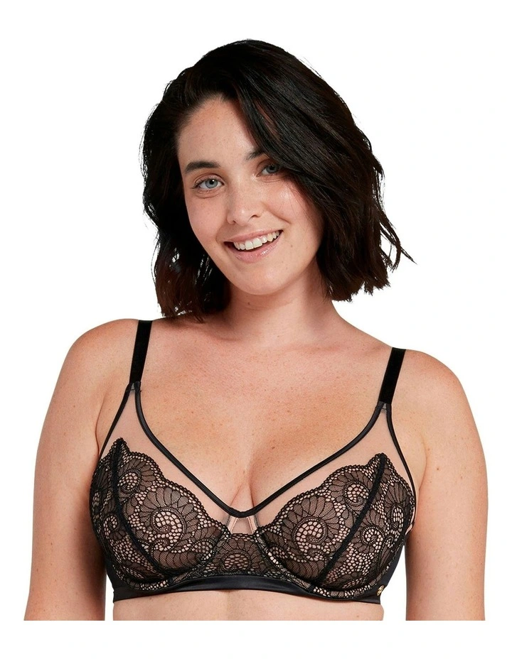 Serena Wired Tulle and Lace Plunge Bra in Black/Nude