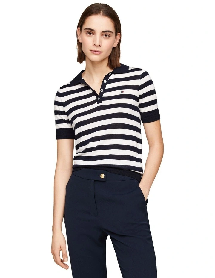 Stripe Knit Regular Fit Polo Jumper in Blue