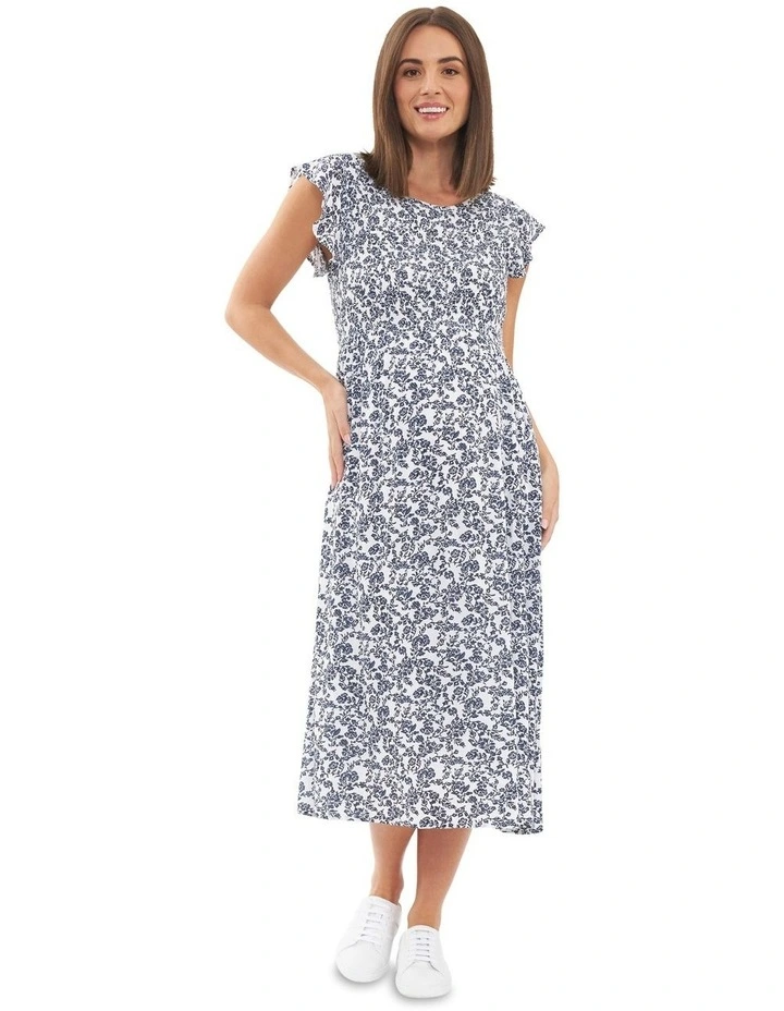 Joyce Shirred Dress in White/Navy