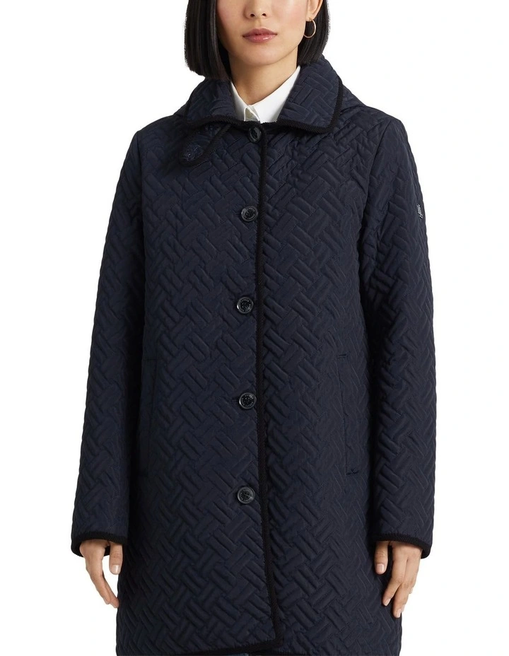 Corduroy-Trim Quilted Hooded Coat in Navy