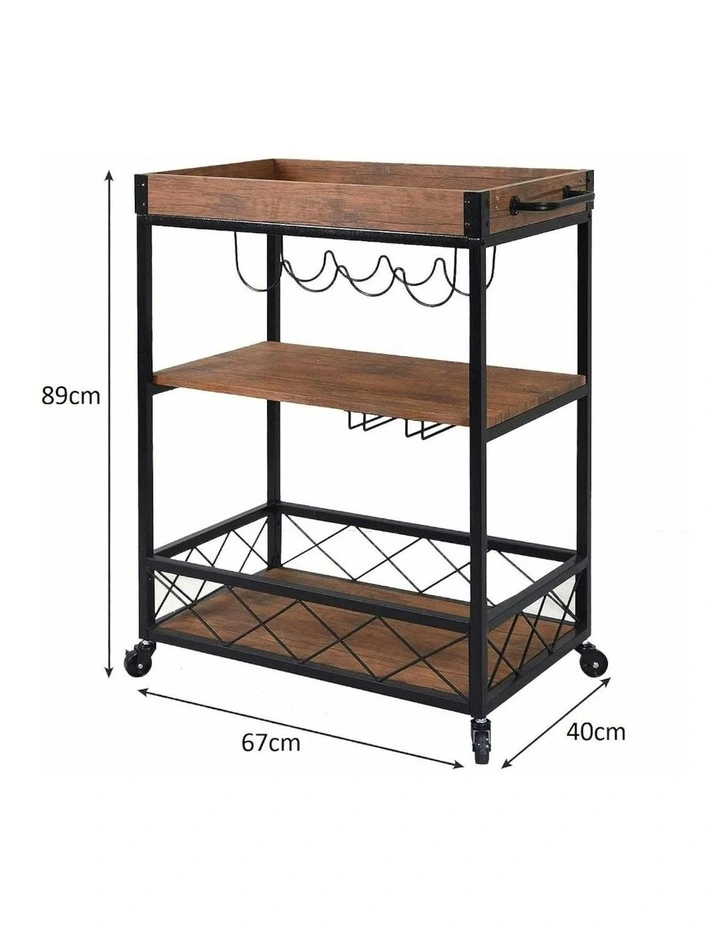3 Tiers Kitchen Serving Wine Cart Trolley with Wine Rack in Walnut