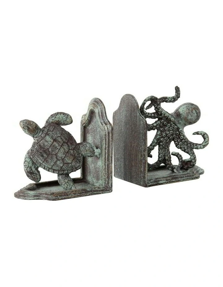 Cast Iron Octopus and Turtle Bookends in Green