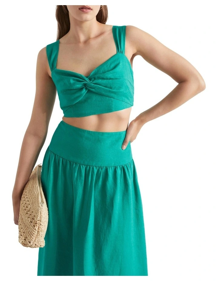 Linen Twist Front Crop Top in Green