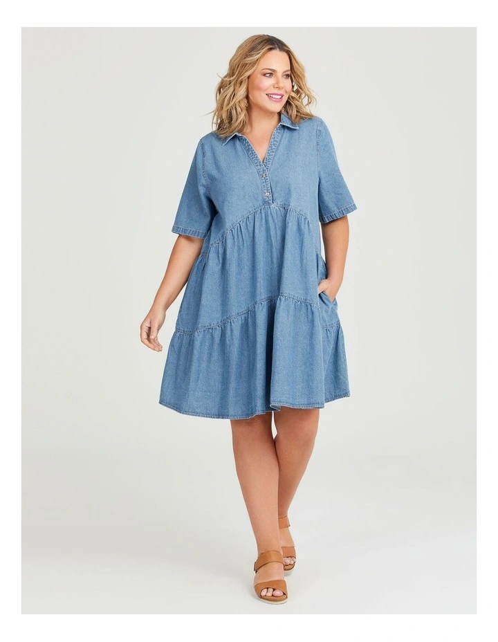 Chambray Collared Tiered Dress in Classic Blue