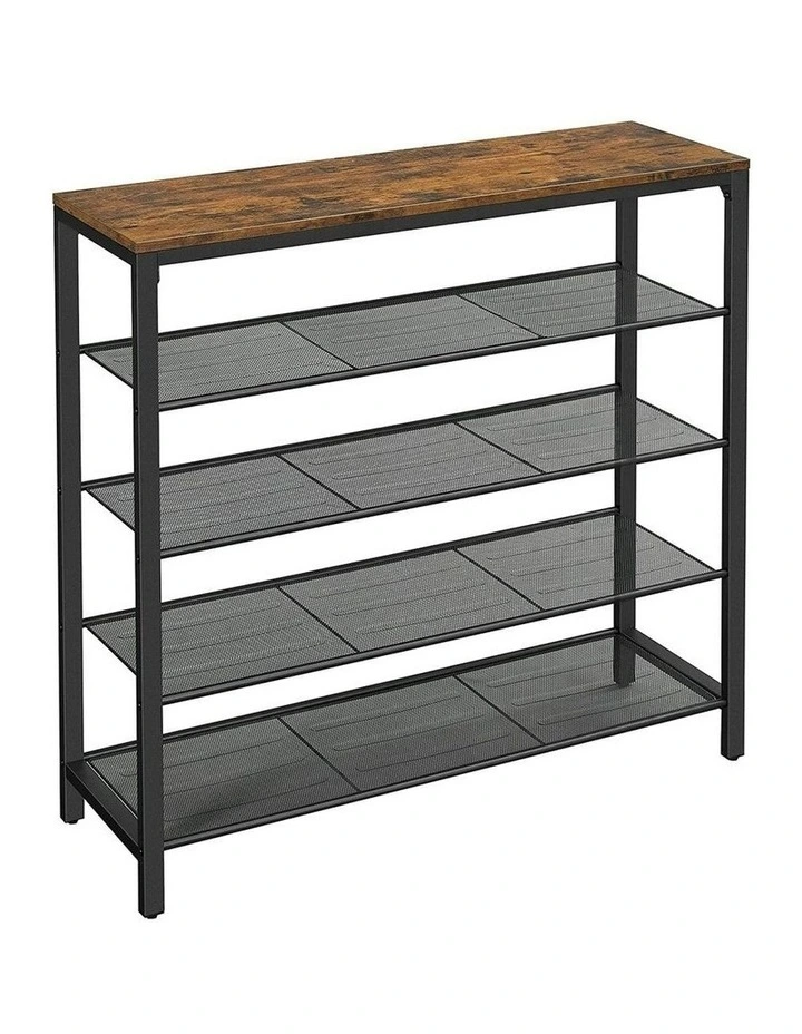 Shoe Storage Organiser with 4 Mesh Shelves in Rustic Brown/Black