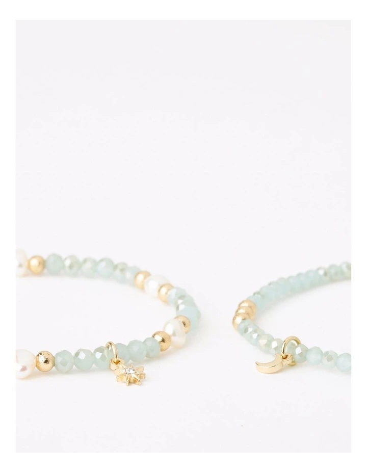 Beaded Bracelet Set With Pearls 2 Pack in Mint