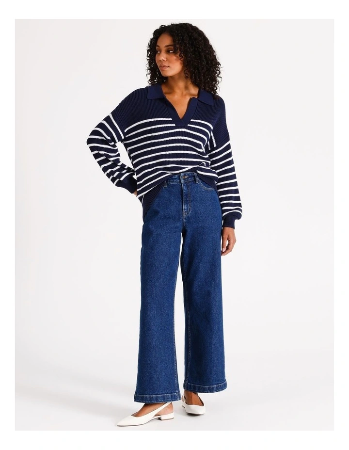 Organic Collared Striped Jumper in Navy