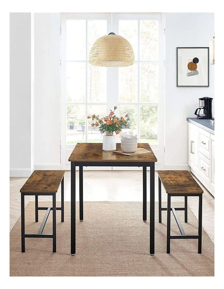 Dining Table Set with 2 Benches in Rustic Brown/Black