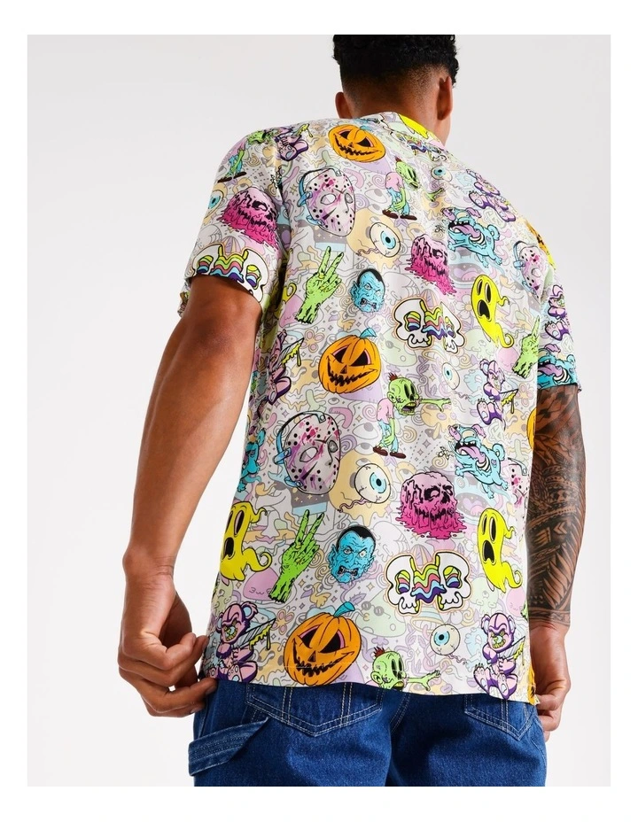 Hallows Eve Print Short Sleeve Rayon Shirt in White