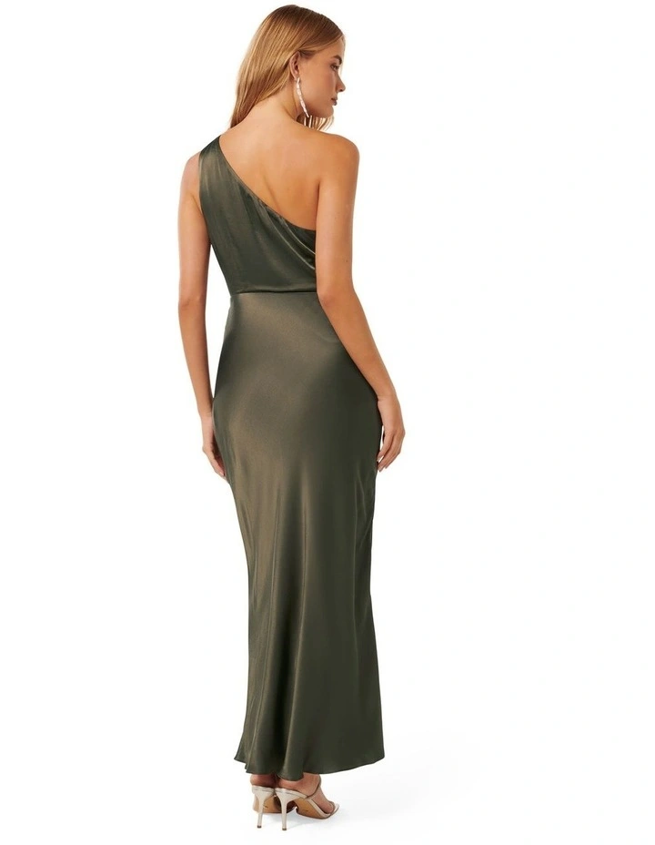 Emily One Shoulder Satin Maxi Dress in Green