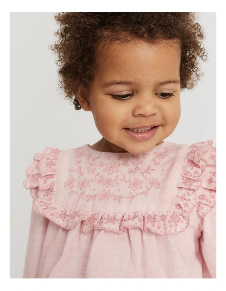 Organically Grown Cotton Embroidered Frill Dress in Mineral Pink