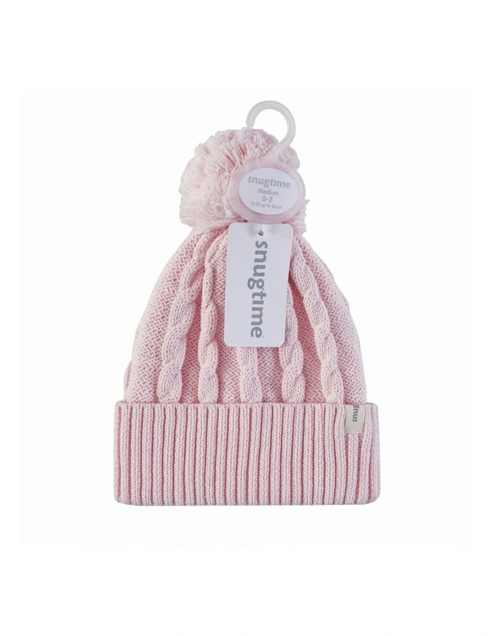 Cotton Cable Pom Pom Beanie in Pink