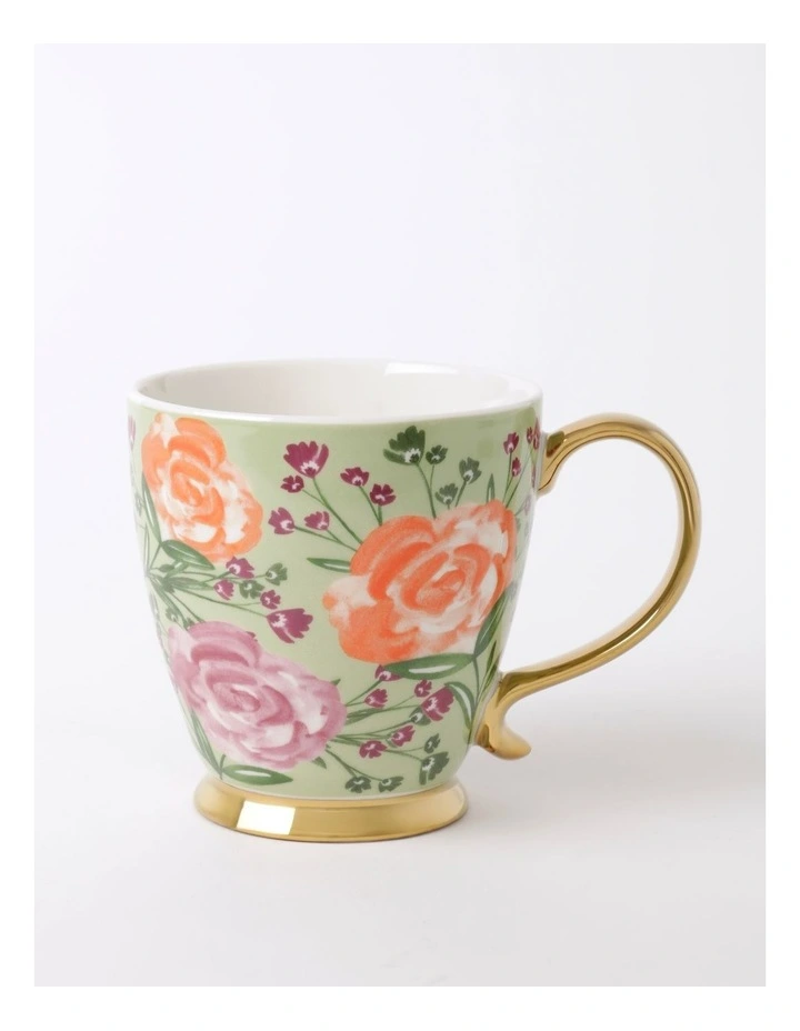 Tea Time Footed Mug Green Floral in Multicolour