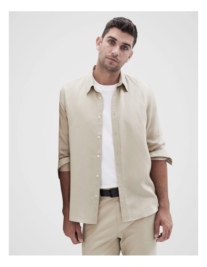 Lyocell Blend Long Sleeve Regular Fit Shirt in Stone
