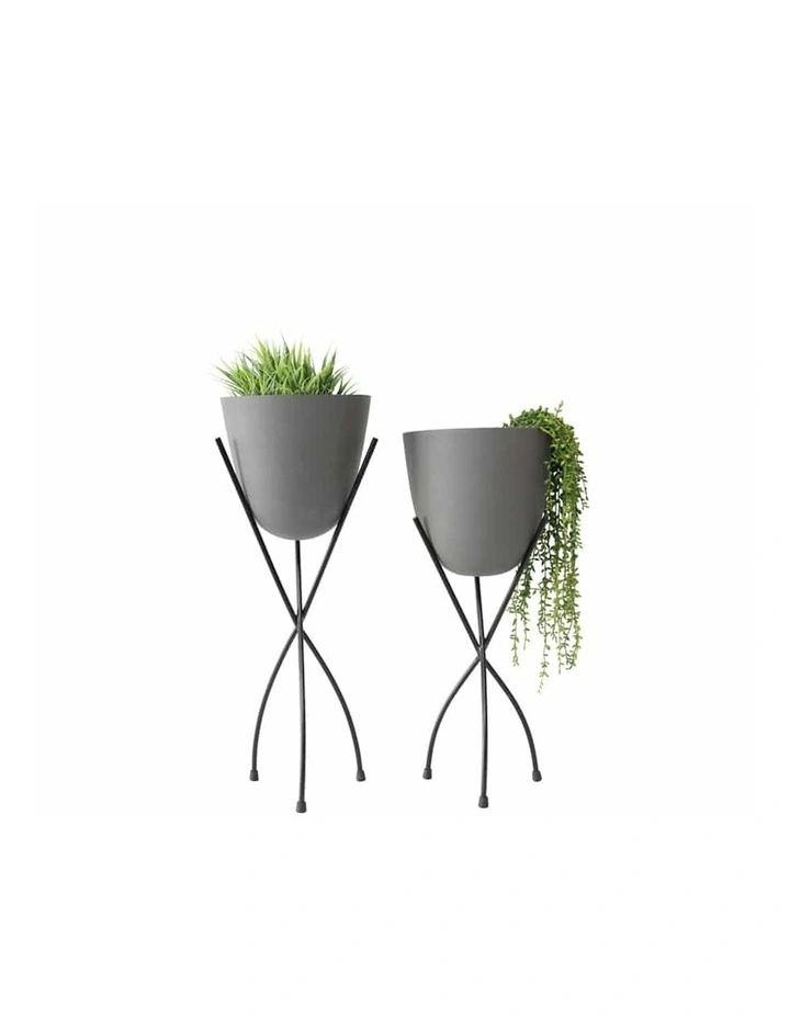 Contemporary Matte Grey Planter Stand Set of 2