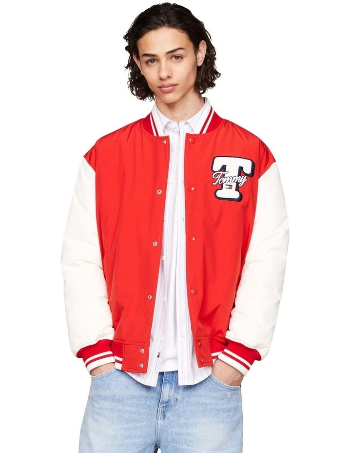Varsity Colour-Blocked Letterman Jacket in Red