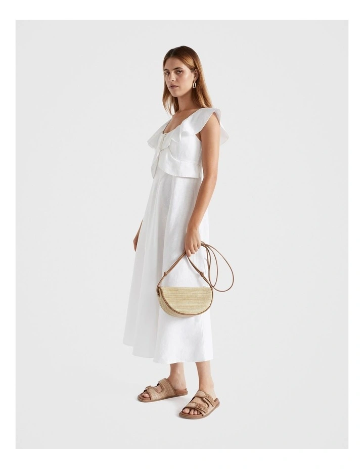 Linen Frill Midi Dress in White