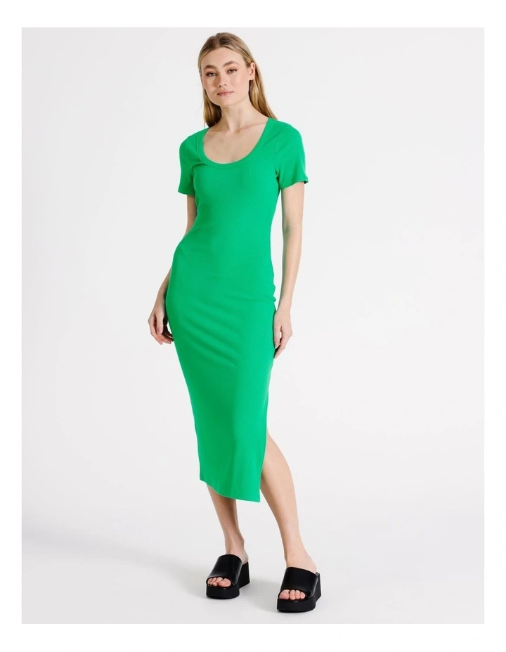 Eco Blend Scoop Neck Rib Midi Dress in Green