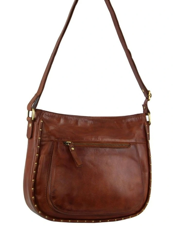 Leather Stud Detail Large Cross Body Bag in Tan