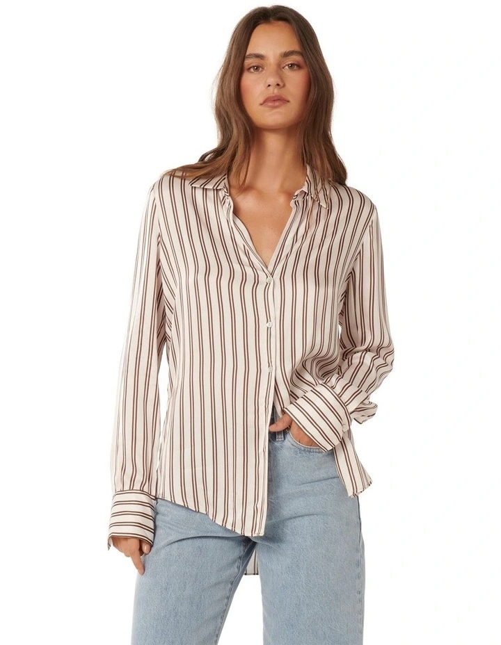 Harvey Notched Neck Satin Shirt in Brown stripe