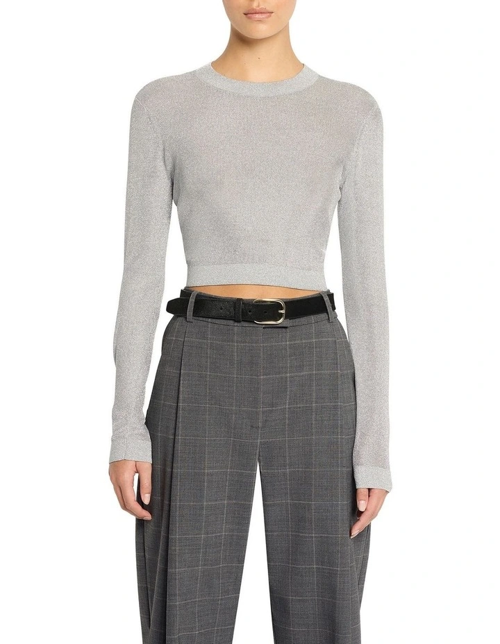 Precious Metal Midriff Knit Top in Silver