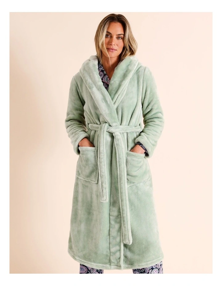 Fleece Hooded Robe in Sage