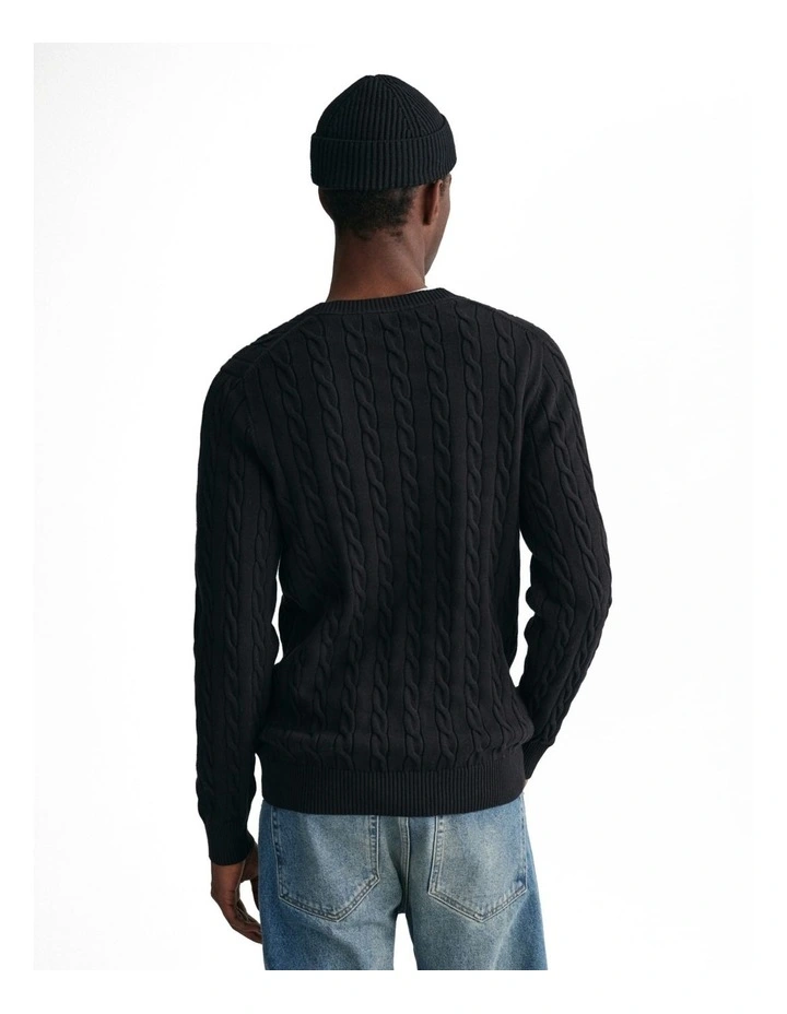 Cotton Cable Knit Crew Neck Sweater in Black