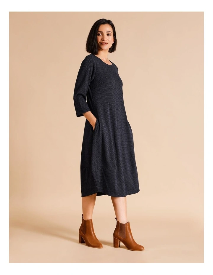 3/4 Sleeve Dart Hem Knit Dress In Navy/Blue Small Check