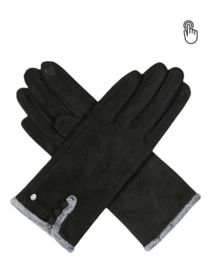 Soft Feel Touchscreen Gloves with Faux Fur and Button Trim in Black