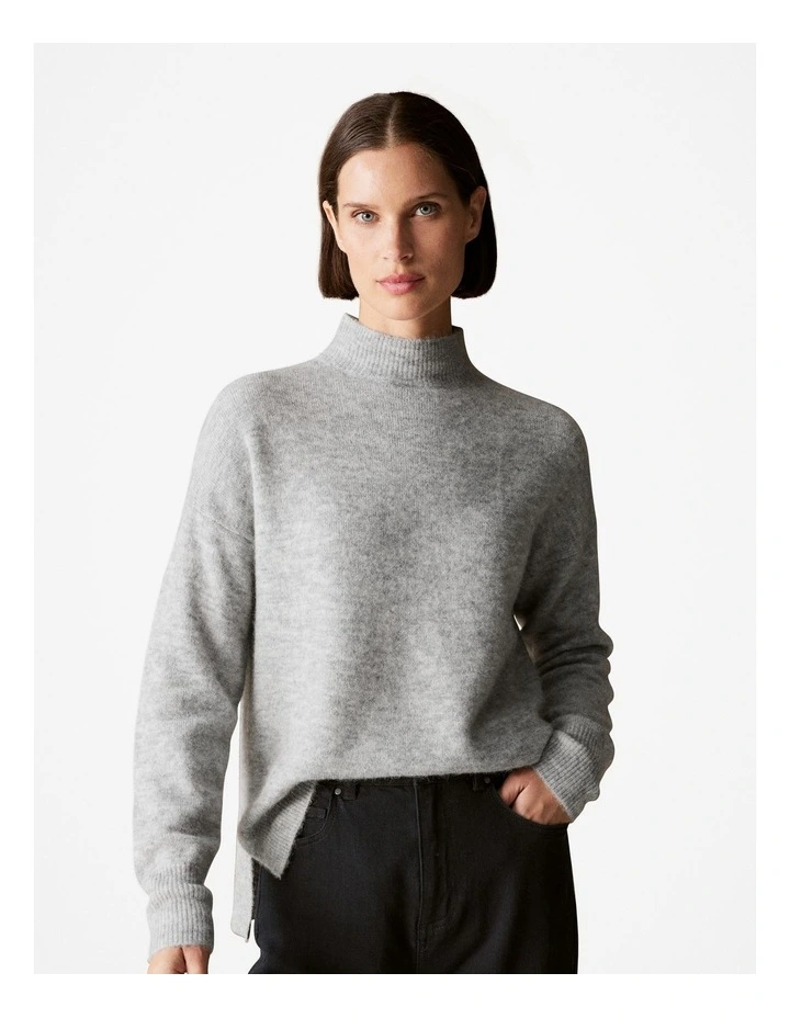 Alpaca Merino Blend Mock Neck Knit in Light Grey Melange