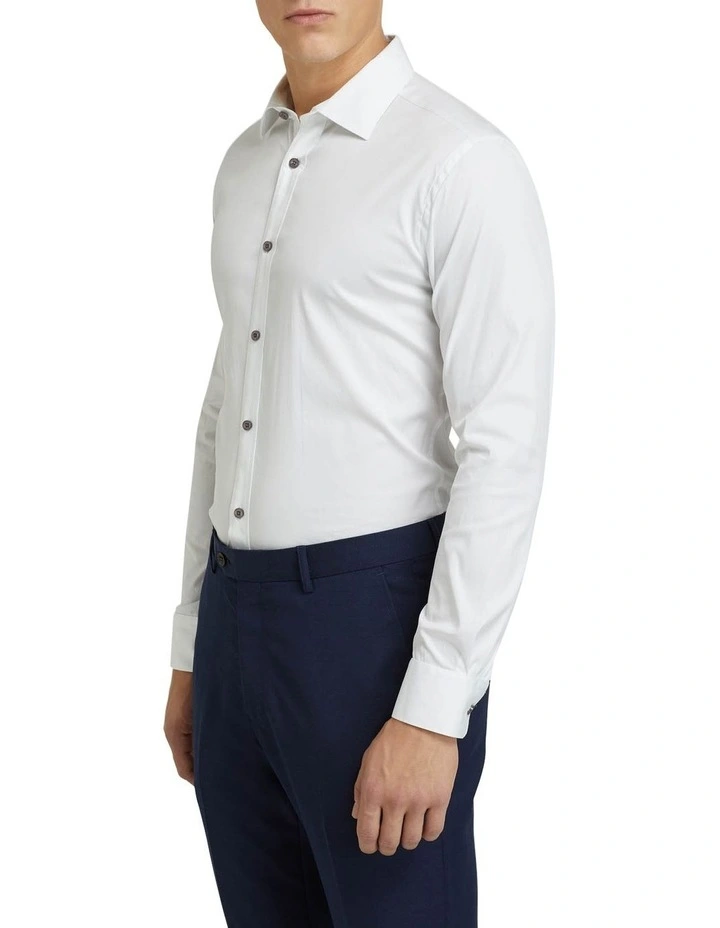 Stretch Travel Shirt With Charcoal Button in White