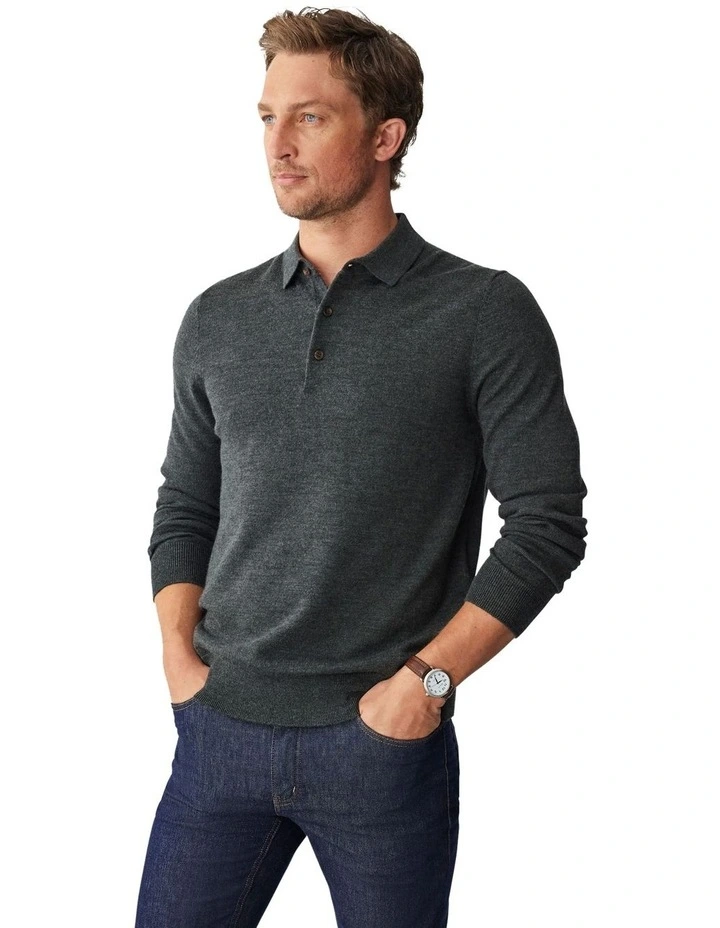 Merino Knit Long Sleeve Polo Shirt in Dark Khaki