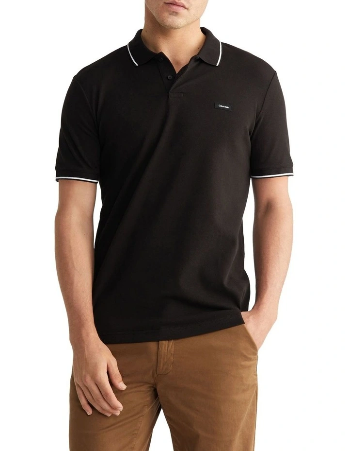Stretch Pique Tipping Slim Polo in Black