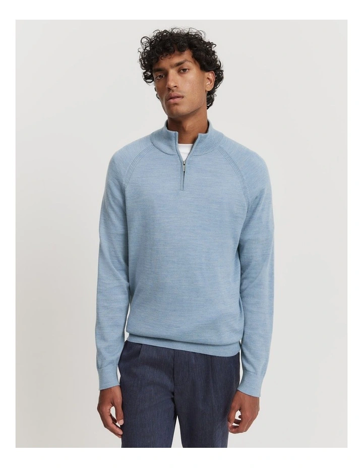 Verified Australian Merino Wool Half Zip Knit in Light Blue Melange
