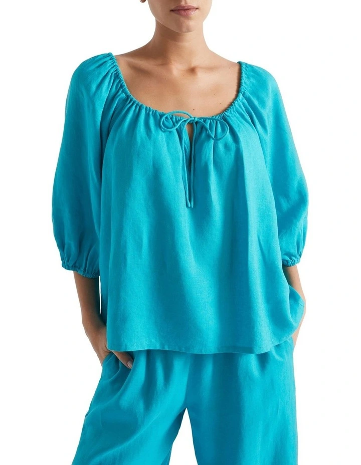 Linen Drawstring Top in Blue