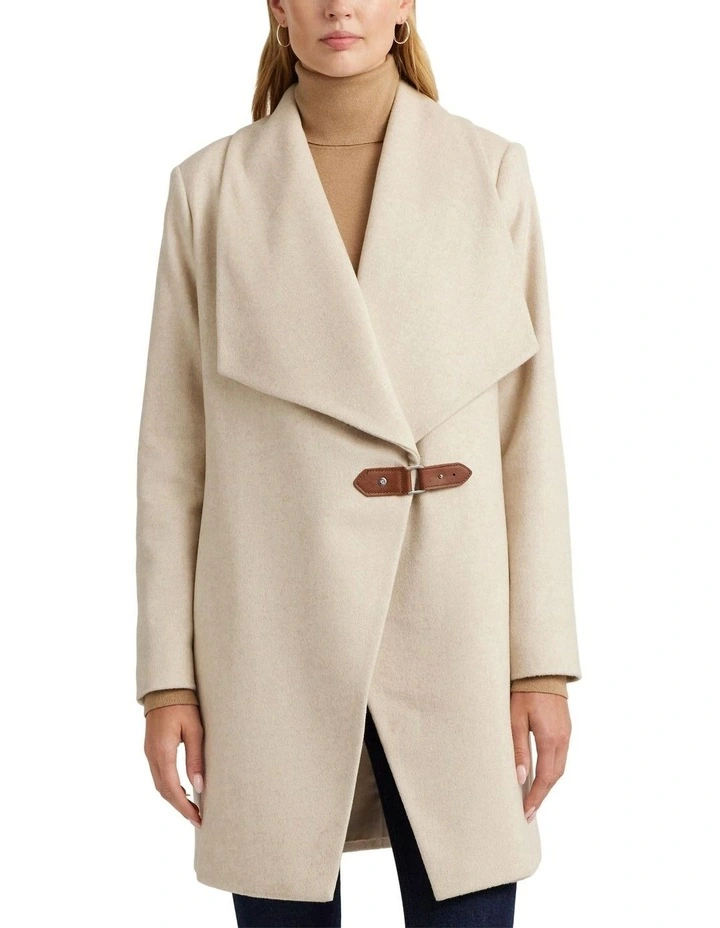 Buckle-Trim Wool-Blend Herringbone Coat in White