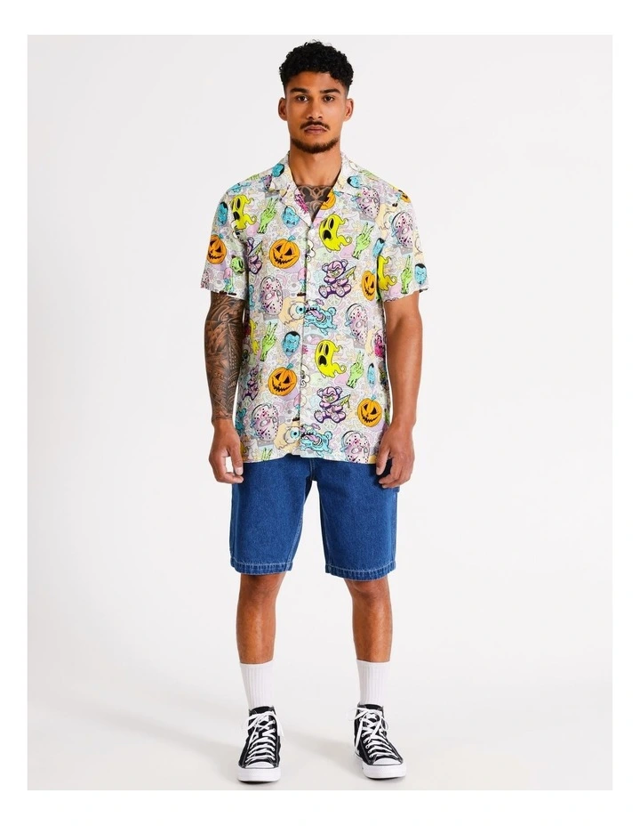 Hallows Eve Print Short Sleeve Rayon Shirt in White