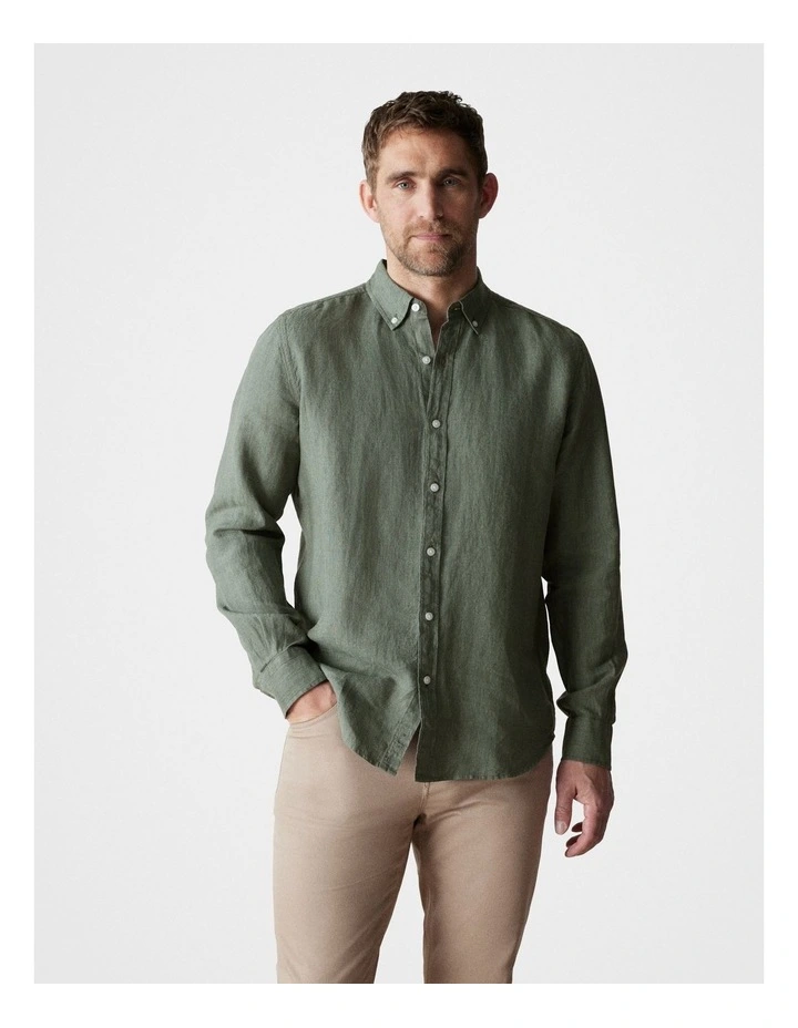Delave Linen Long Sleeve Shirt in Dark Green