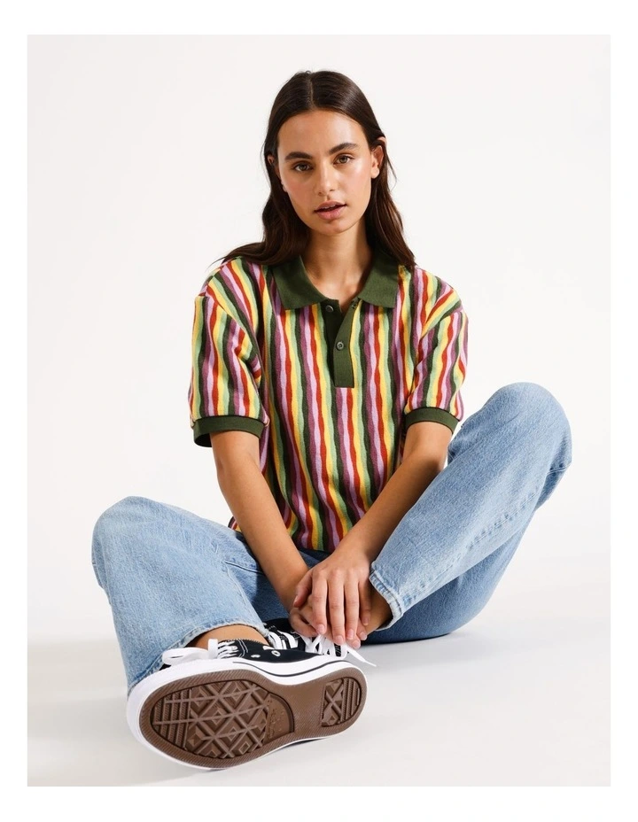Silas Stripe Knit All Gender Short Sleeve Polo in Green