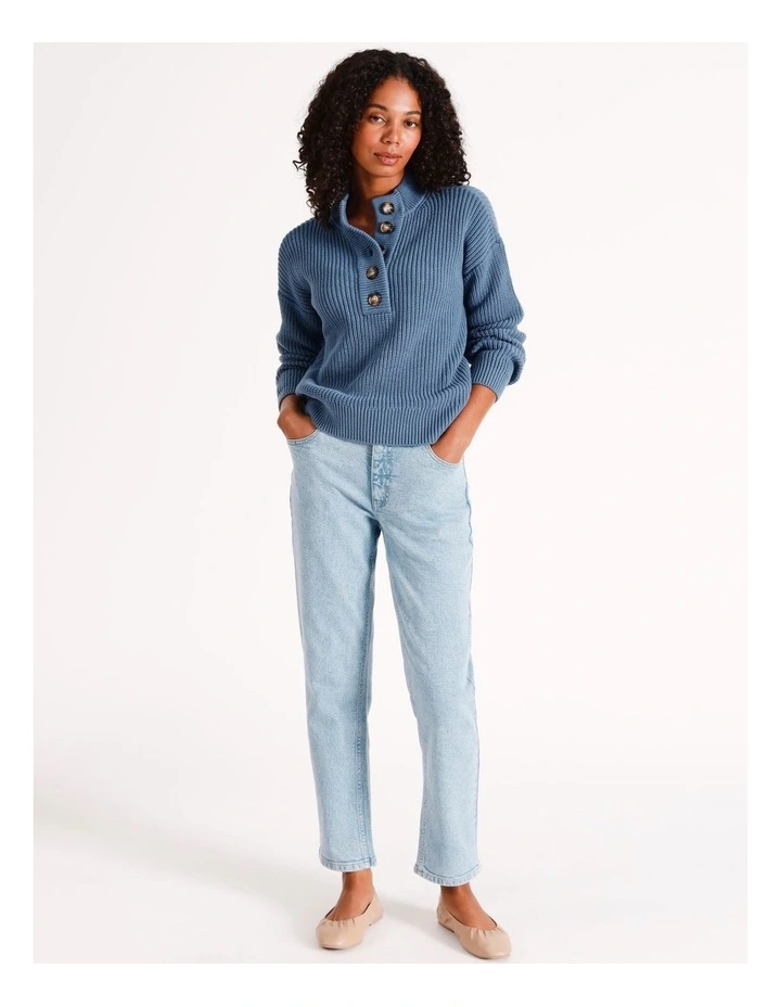 Button Neck Jumper in Dusty Blue
