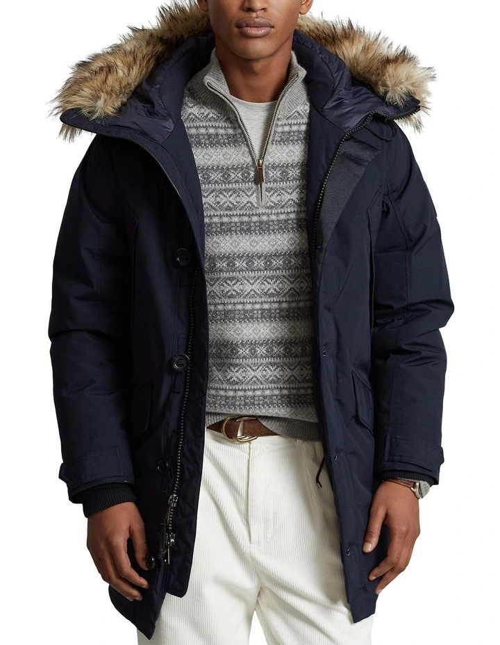 Water-Repellent Faux-Fur-Trim Down Parka Jacket in Navy