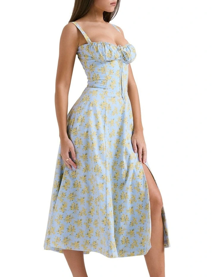 Carmen Cotton Bustier Sundress in Soft Blue Vintage Floral Print
