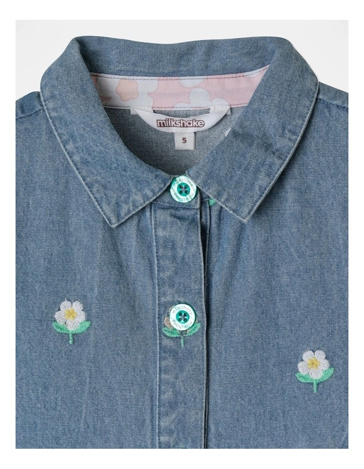 Chambray Dress with Floral Embroidery (3-8 Years) in Denim
