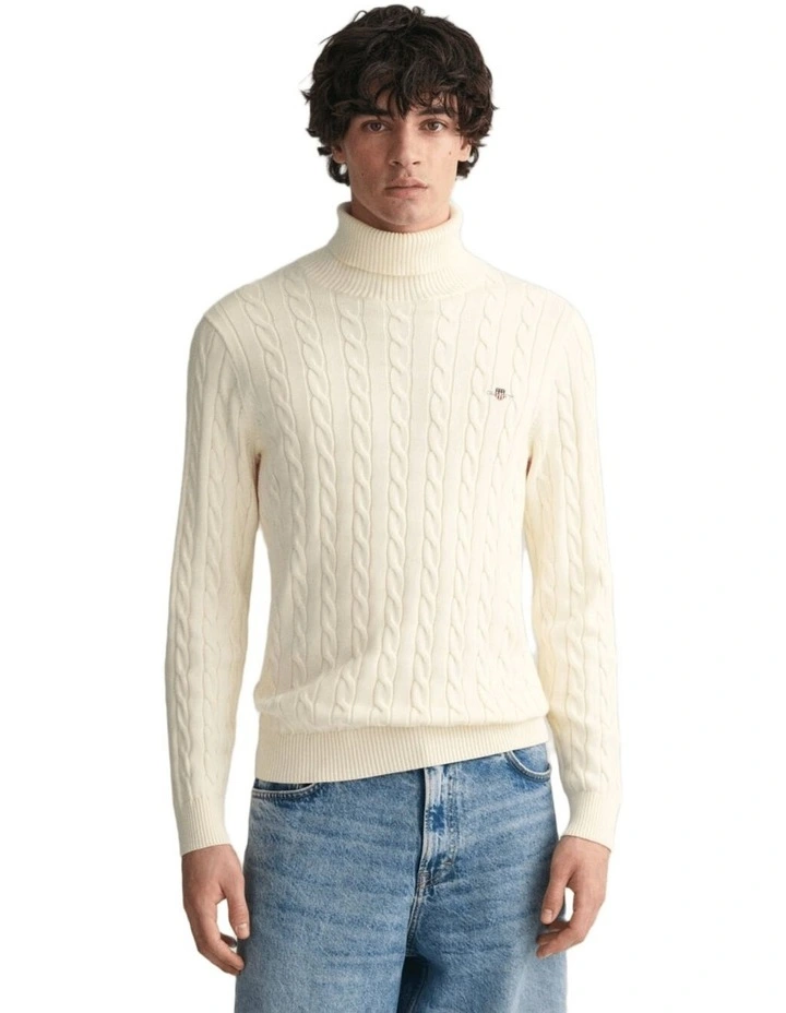 Cotton Cable Knit Turtleneck Sweater in Cream