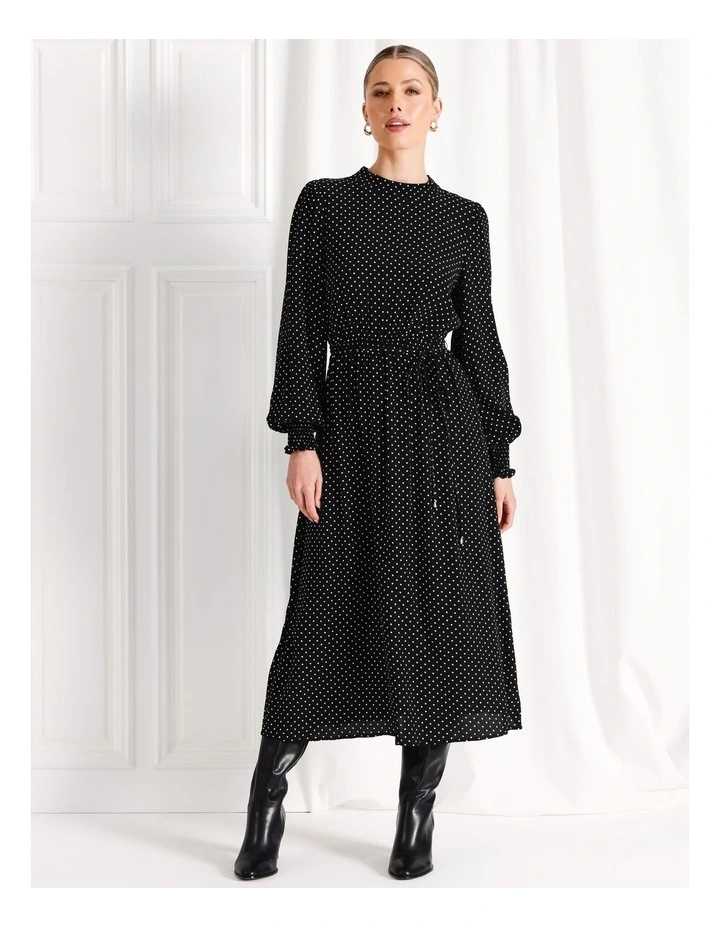 Long Sleeve Shirred Cuff Midi Dress in Black
