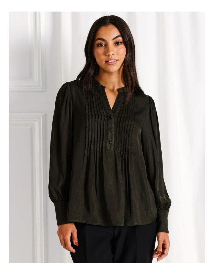 Recycled Blend Satin Pintuck Long Sleeve Blouse in Khaki