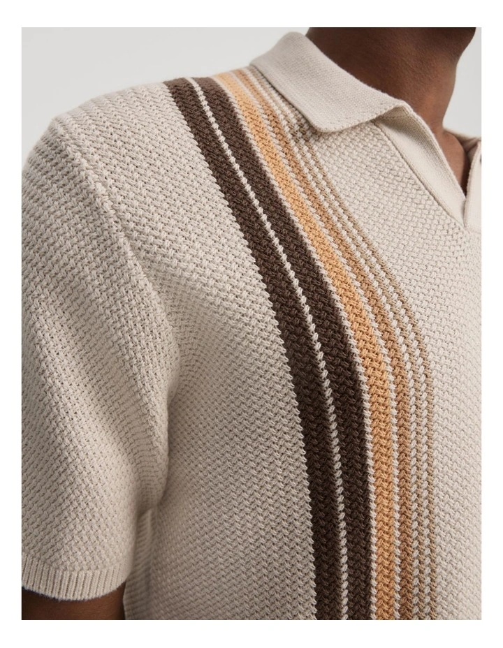 Australian Cotton Knit Stripe Polo in Oat