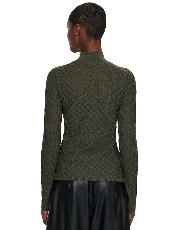 Semi Sheer Textured Funnel Neck Knit in Olive Green