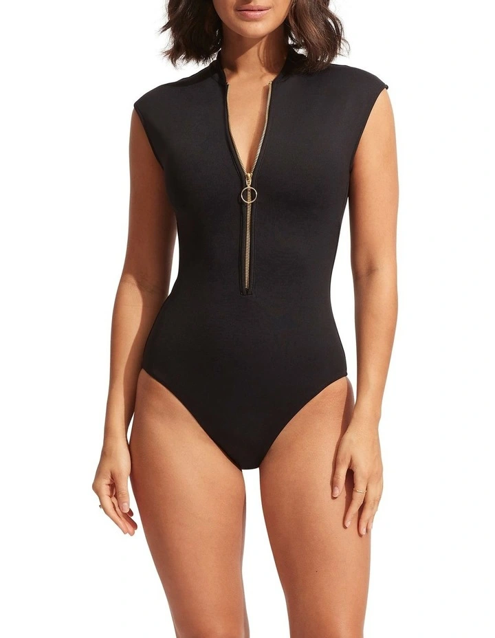 Zip Front One Piece Swimsuit In Black