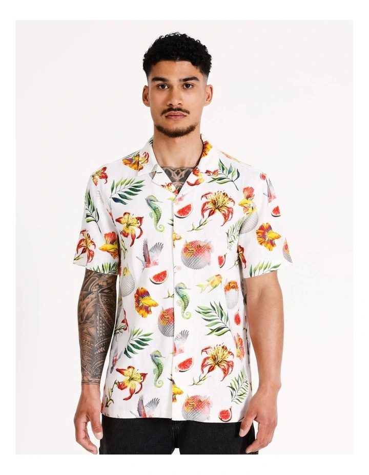 Flying Fish Print Short Sleeve Linen Blend Shirt in White